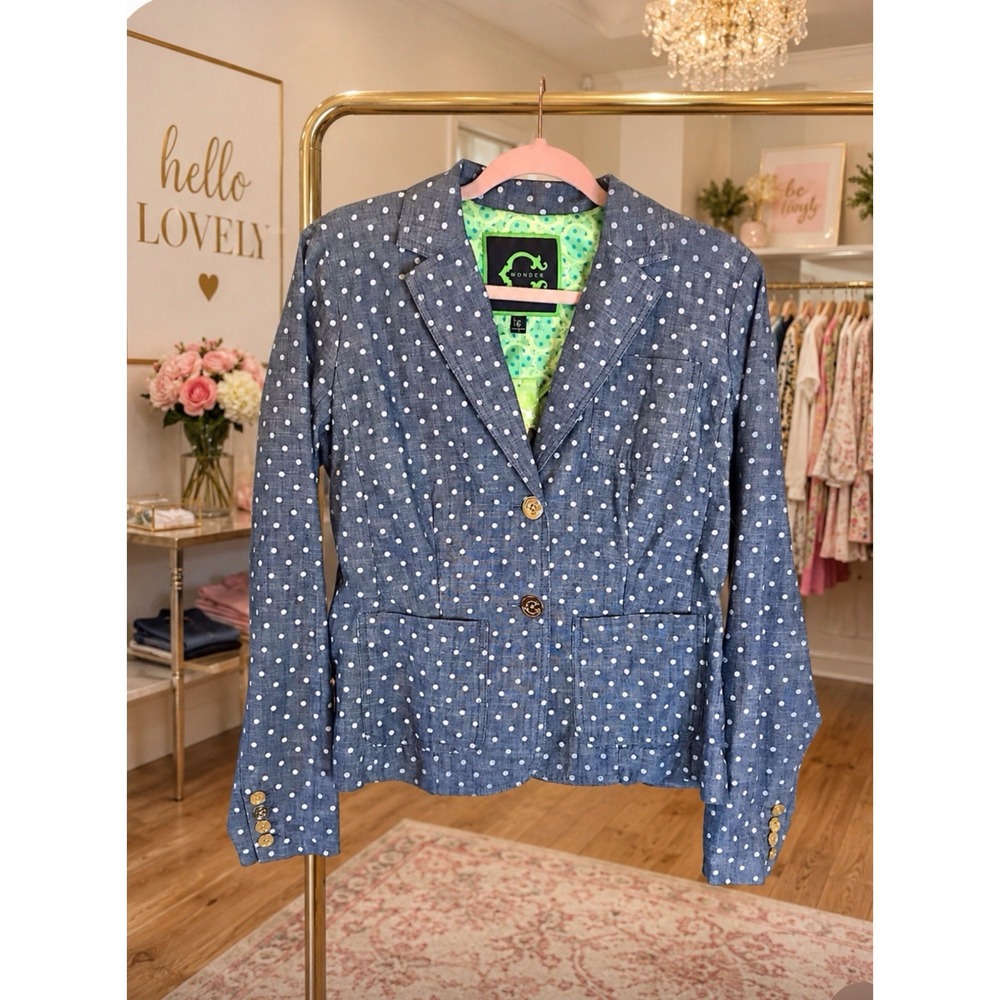 C Wonder Polka dot Indigo Blazer Jacket Sz 6 Business Casual Fun Stylish Whimsy